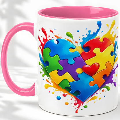 #pl[11oz|Pink] Autism Awareness Puzzle Heart Mug, Ceramic Mug with Colorful Artwork
