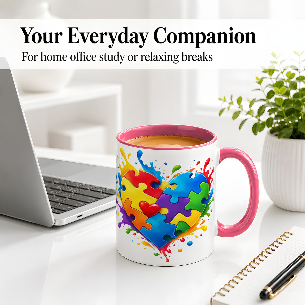 #pl[11oz|Pink] Autism Awareness Puzzle Heart Mug, Ceramic Mug with Colorful Artwork