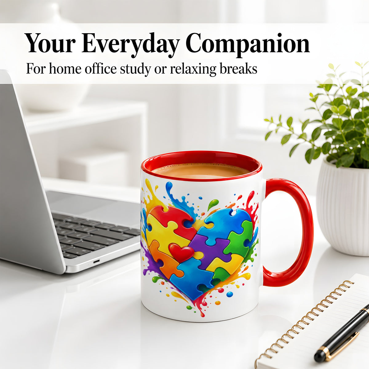 #pl[11oz|Red] Autism Awareness Puzzle Heart Mug, Ceramic Mug with Colorful Artwork
