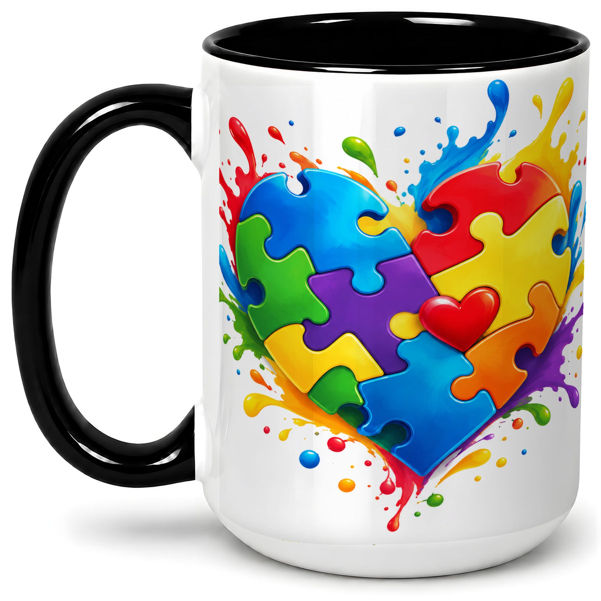 #pl[15oz|Black] Autism Awareness Puzzle Heart Mug, Ceramic Mug with Colorful Artwork