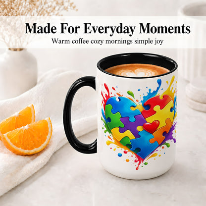 #pl[15oz|Black] Autism Awareness Puzzle Heart Mug, Ceramic Mug with Colorful Artwork
