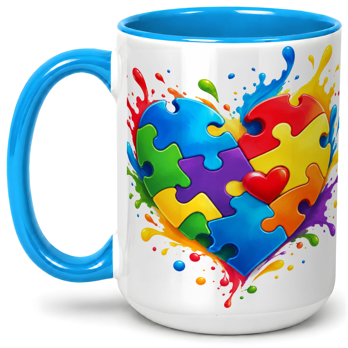 #pl[15oz|Blue] Autism Awareness Puzzle Heart Mug, Ceramic Mug with Colorful Artwork