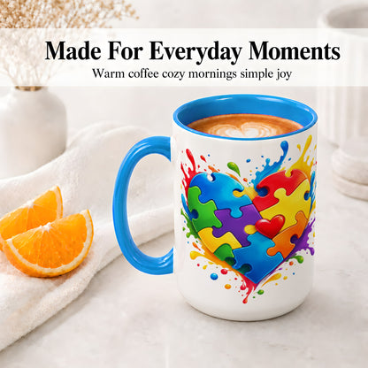 #pl[15oz|Blue] Autism Awareness Puzzle Heart Mug, Ceramic Mug with Colorful Artwork