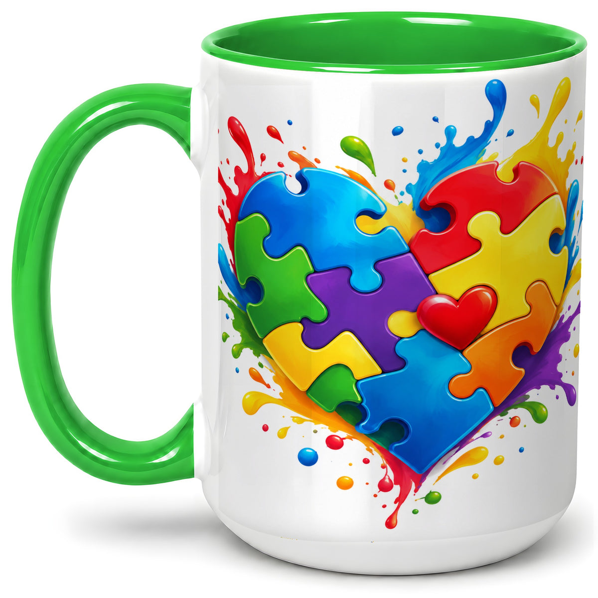 #pl[15oz|Green] Autism Awareness Puzzle Heart Mug, Ceramic Mug with Colorful Artwork