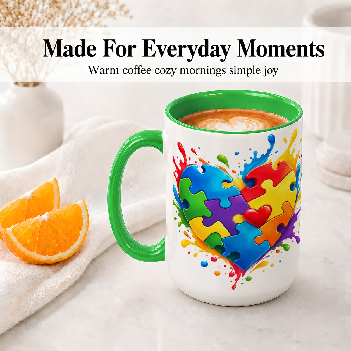 #pl[15oz|Green] Autism Awareness Puzzle Heart Mug, Ceramic Mug with Colorful Artwork