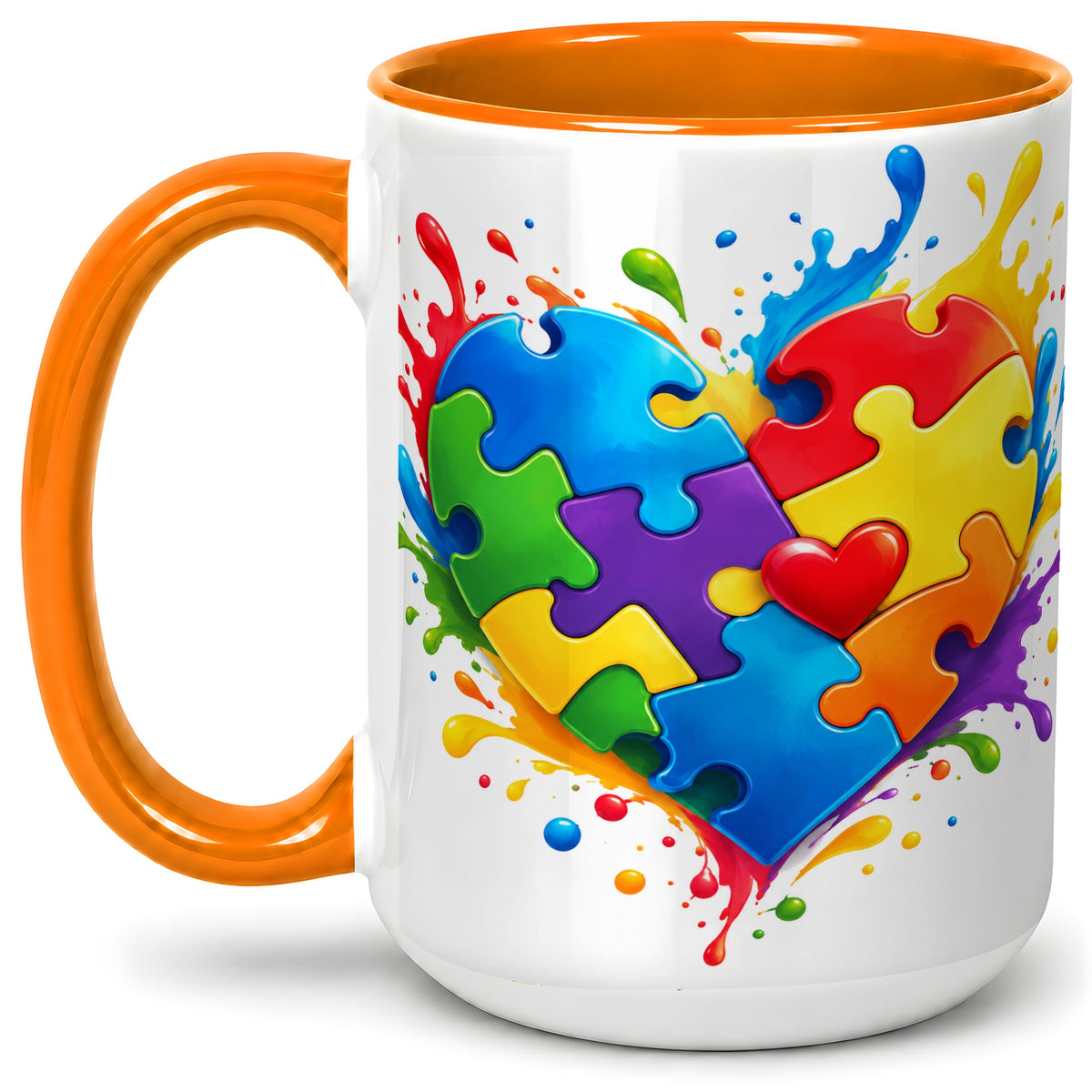 #pl[15oz|Orange] Autism Awareness Puzzle Heart Mug, Ceramic Mug with Colorful Artwork