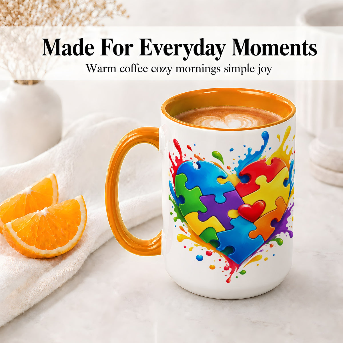 #pl[15oz|Orange] Autism Awareness Puzzle Heart Mug, Ceramic Mug with Colorful Artwork