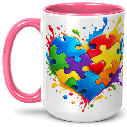 #pl[15oz|Pink] Autism Awareness Puzzle Heart Mug, Ceramic Mug with Colorful Artwork