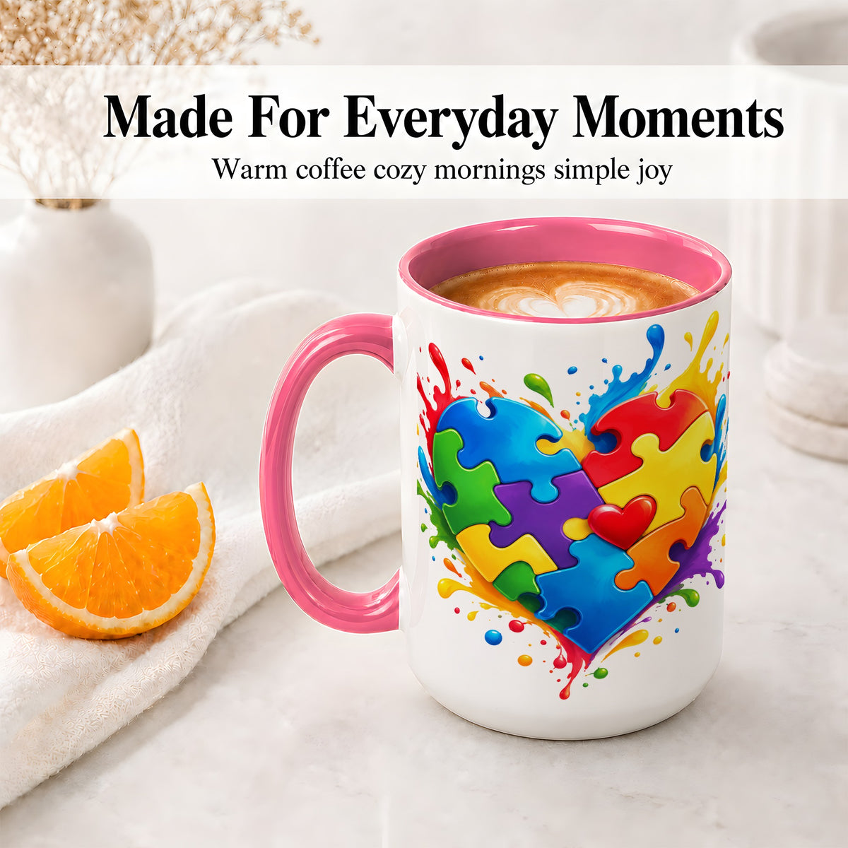 #pl[15oz|Pink] Autism Awareness Puzzle Heart Mug, Ceramic Mug with Colorful Artwork