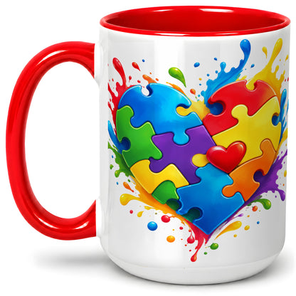 #pl[15oz|Red] Autism Awareness Puzzle Heart Mug, Ceramic Mug with Colorful Artwork