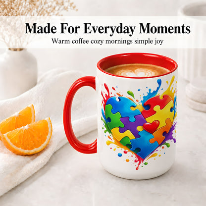 #pl[15oz|Red] Autism Awareness Puzzle Heart Mug, Ceramic Mug with Colorful Artwork