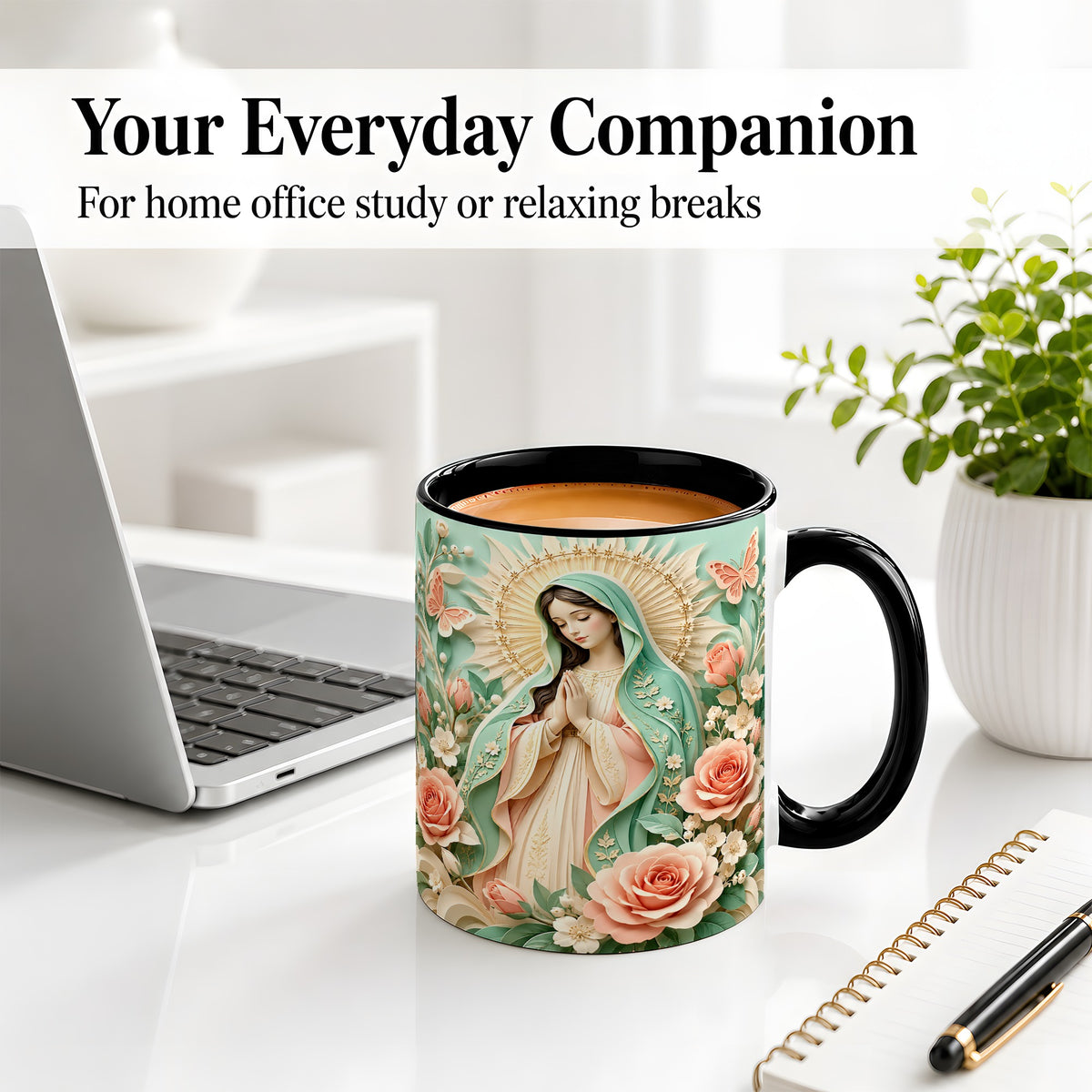 #pl[11oz|Black] Virgin Mary Floral Mug, Ceramic Mug with Roses and Butterflies