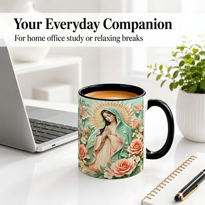#pl[11oz|Black] Virgin Mary Floral Mug, Ceramic Mug with Roses and Butterflies