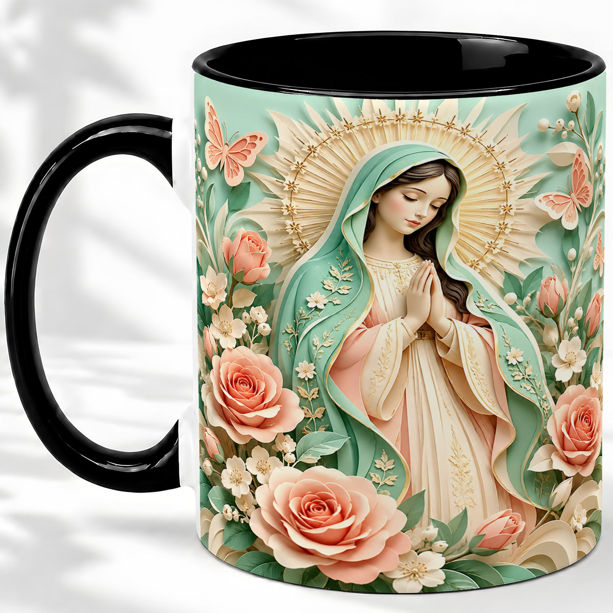 #pl[11oz|Black] Virgin Mary Floral Mug, Ceramic Mug with Roses and Butterflies