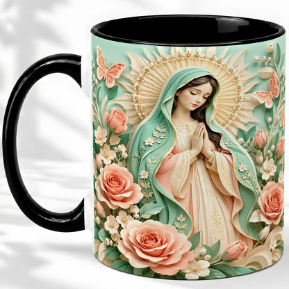 #pl[11oz|Black] Virgin Mary Floral Mug, Ceramic Mug with Roses and Butterflies