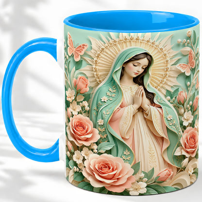 #pl[11oz|Blue] Virgin Mary Floral Mug, Ceramic Mug with Roses and Butterflies