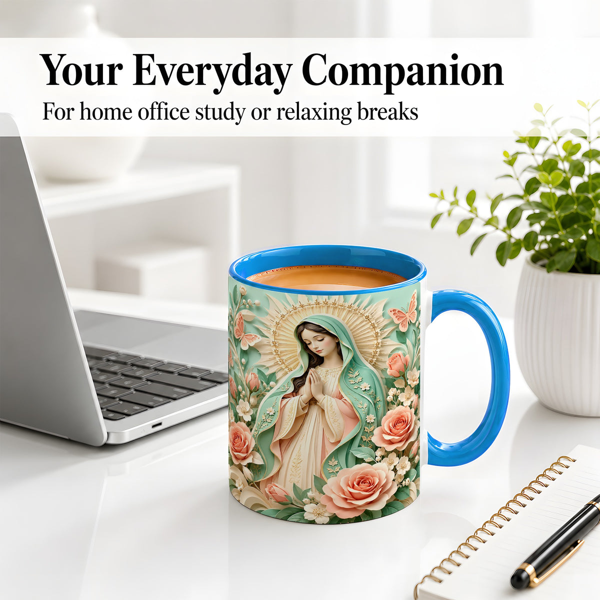 #pl[11oz|Blue] Virgin Mary Floral Mug, Ceramic Mug with Roses and Butterflies