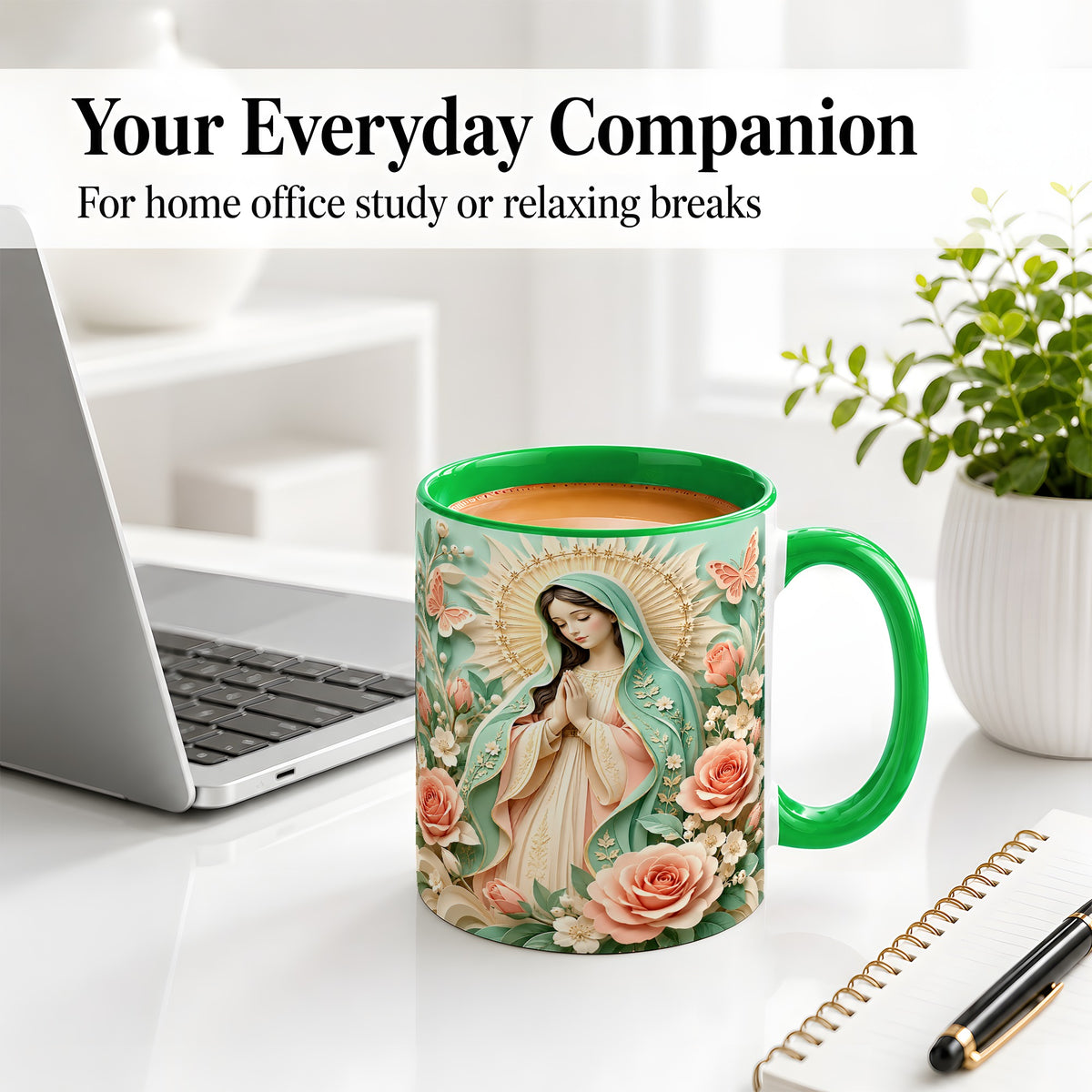 #pl[11oz|Green] Virgin Mary Floral Mug, Ceramic Mug with Roses and Butterflies
