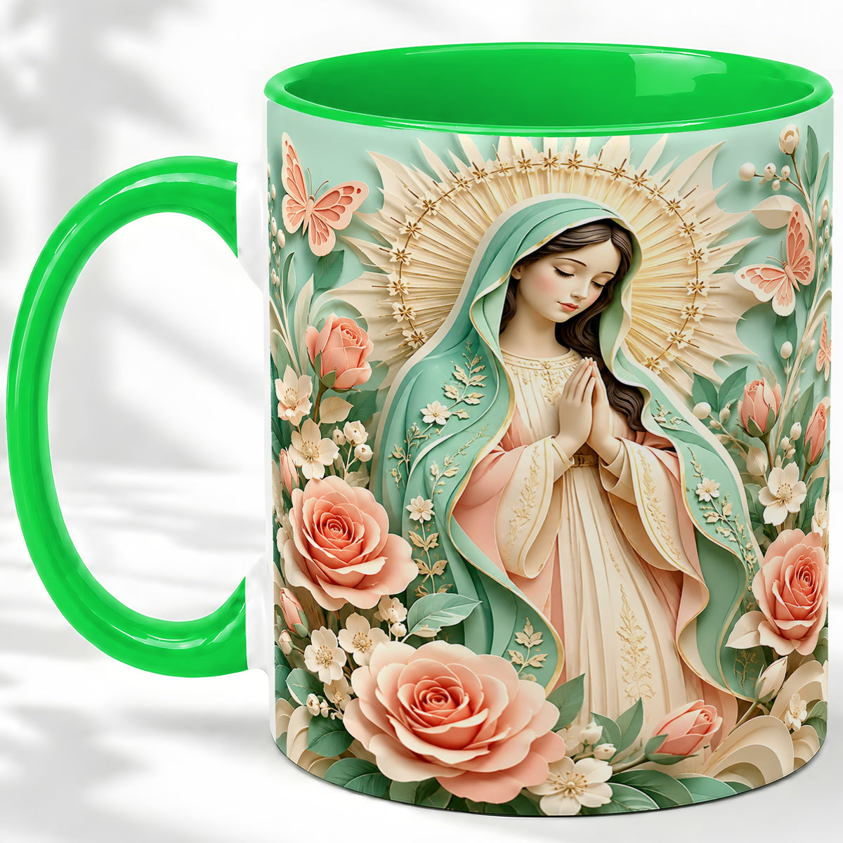 #pl[11oz|Green] Virgin Mary Floral Mug, Ceramic Mug with Roses and Butterflies