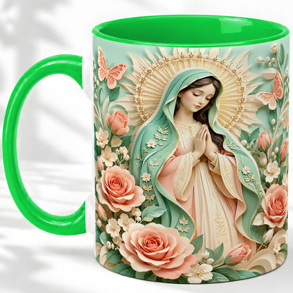 #pl[11oz|Green] Virgin Mary Floral Mug, Ceramic Mug with Roses and Butterflies