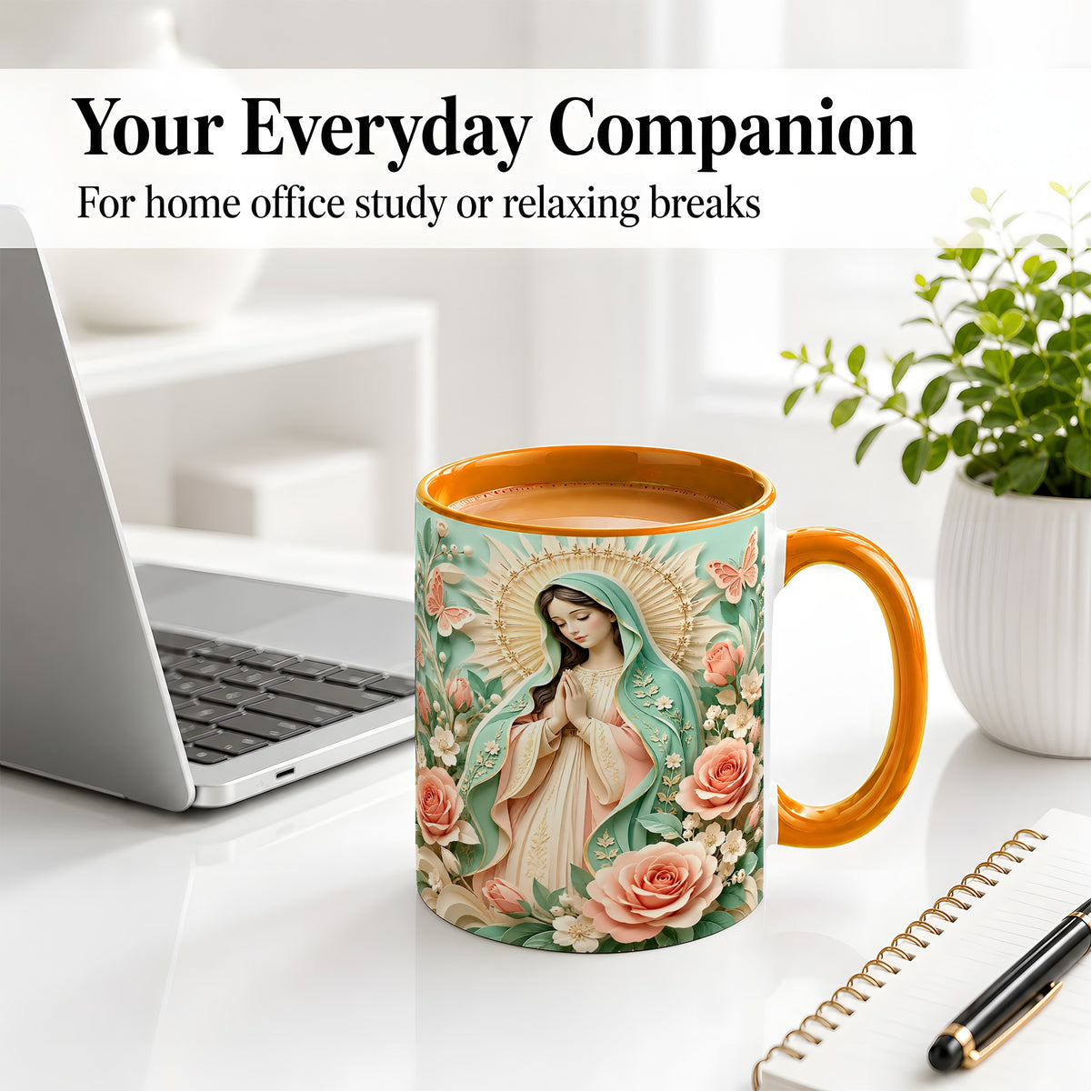 #pl[11oz|Orange] Virgin Mary Floral Mug, Ceramic Mug with Roses and Butterflies