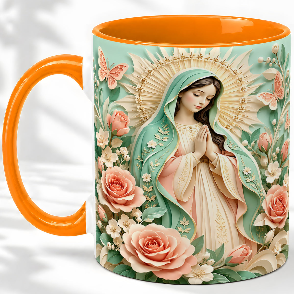 #pl[11oz|Orange] Virgin Mary Floral Mug, Ceramic Mug with Roses and Butterflies