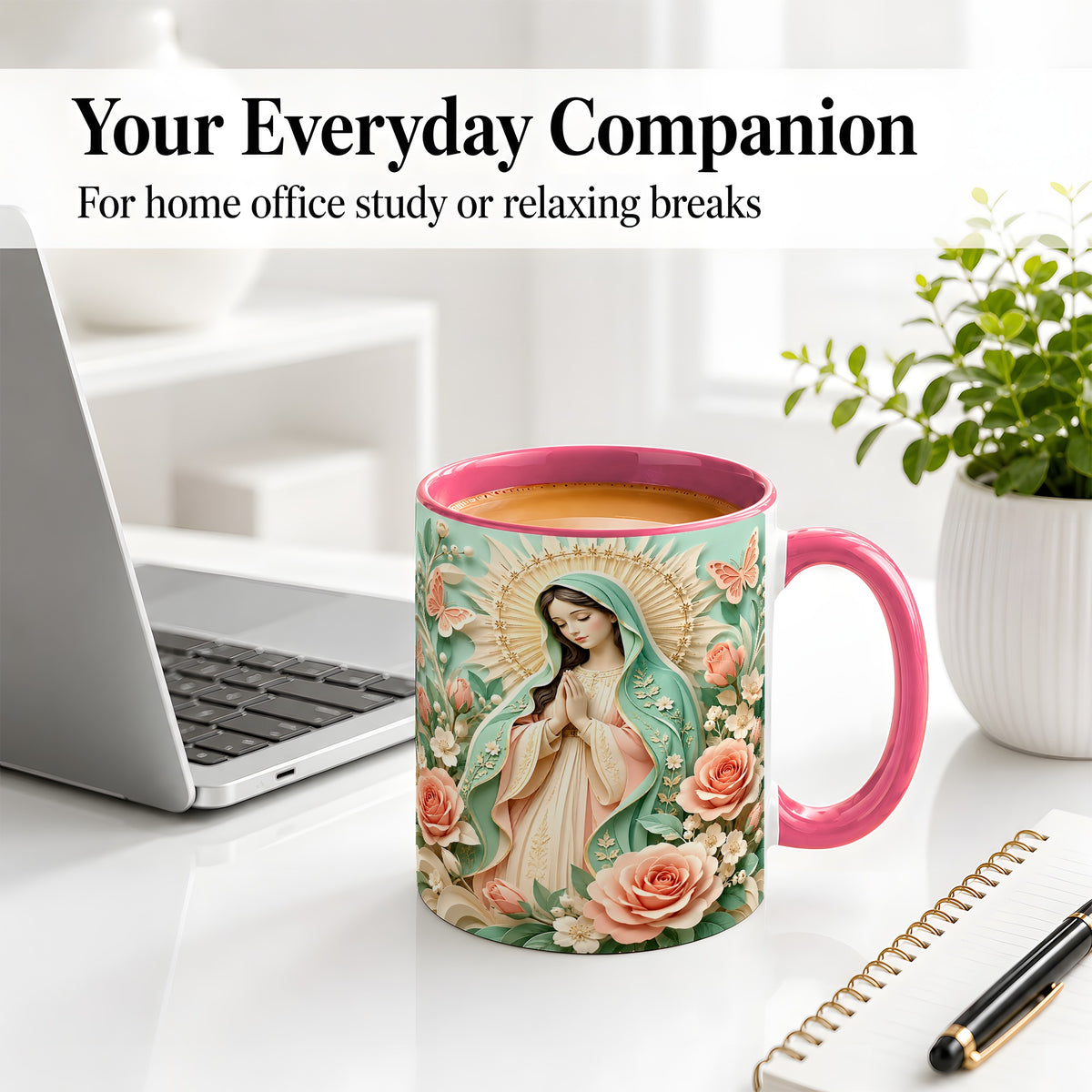 #pl[11oz|Pink] Virgin Mary Floral Mug, Ceramic Mug with Roses and Butterflies