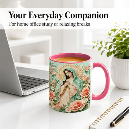 #pl[11oz|Pink] Virgin Mary Floral Mug, Ceramic Mug with Roses and Butterflies