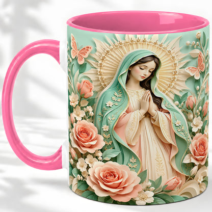 #pl[11oz|Pink] Virgin Mary Floral Mug, Ceramic Mug with Roses and Butterflies