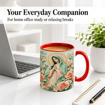 #pl[11oz|Red] Virgin Mary Floral Mug, Ceramic Mug with Roses and Butterflies