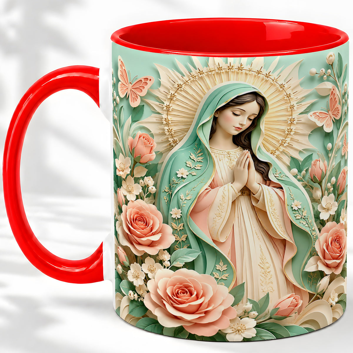 Virgin Mary Floral Mug, Ceramic Mug with Roses and Butterflies