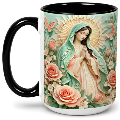 #pl[15oz|Black] Virgin Mary Floral Mug, Ceramic Mug with Roses and Butterflies