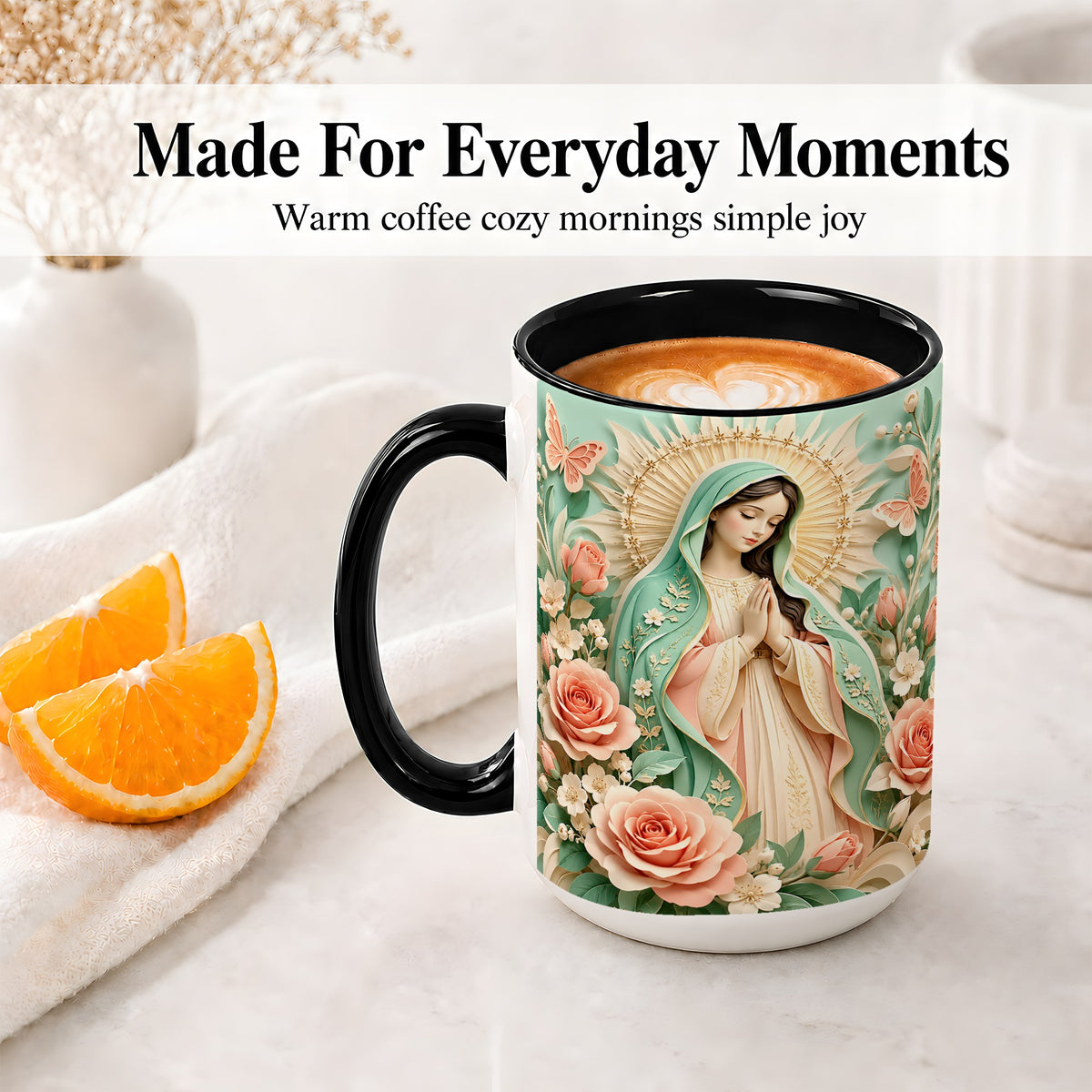 #pl[15oz|Black] Virgin Mary Floral Mug, Ceramic Mug with Roses and Butterflies