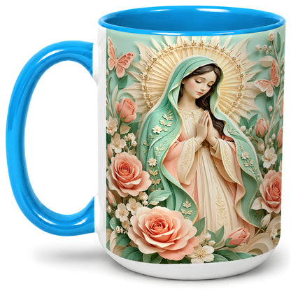#pl[15oz|Blue] Virgin Mary Floral Mug, Ceramic Mug with Roses and Butterflies