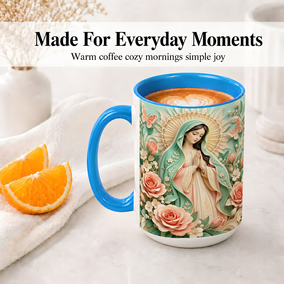 #pl[15oz|Blue] Virgin Mary Floral Mug, Ceramic Mug with Roses and Butterflies