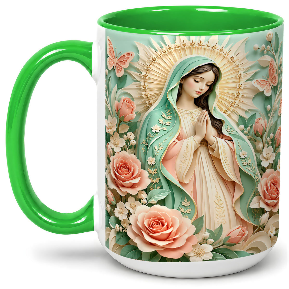 #pl[15oz|Green] Virgin Mary Floral Mug, Ceramic Mug with Roses and Butterflies