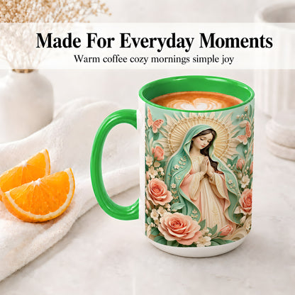 #pl[15oz|Green] Virgin Mary Floral Mug, Ceramic Mug with Roses and Butterflies