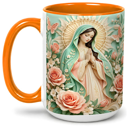 #pl[15oz|Orange] Virgin Mary Floral Mug, Ceramic Mug with Roses and Butterflies