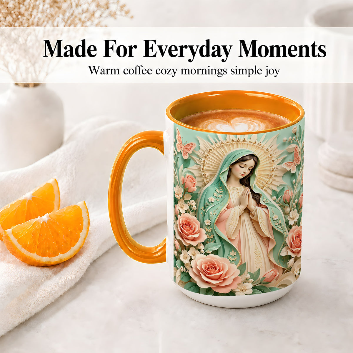 #pl[15oz|Orange] Virgin Mary Floral Mug, Ceramic Mug with Roses and Butterflies