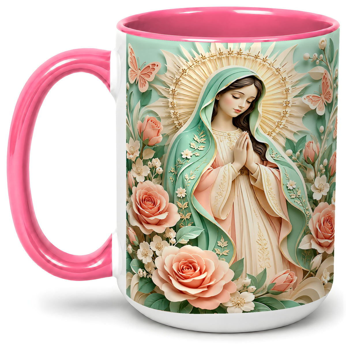 #pl[15oz|Pink] Virgin Mary Floral Mug, Ceramic Mug with Roses and Butterflies
