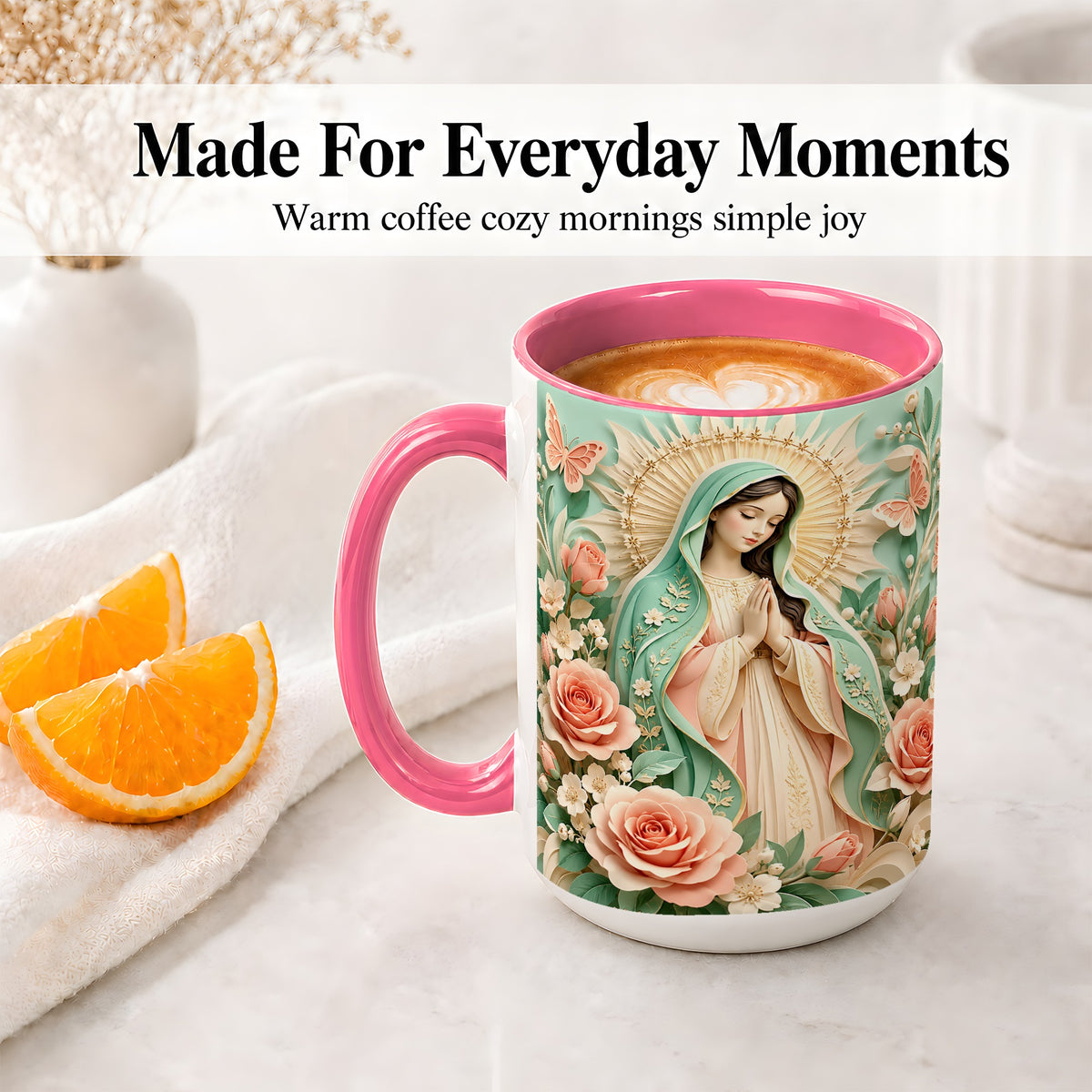 #pl[15oz|Pink] Virgin Mary Floral Mug, Ceramic Mug with Roses and Butterflies