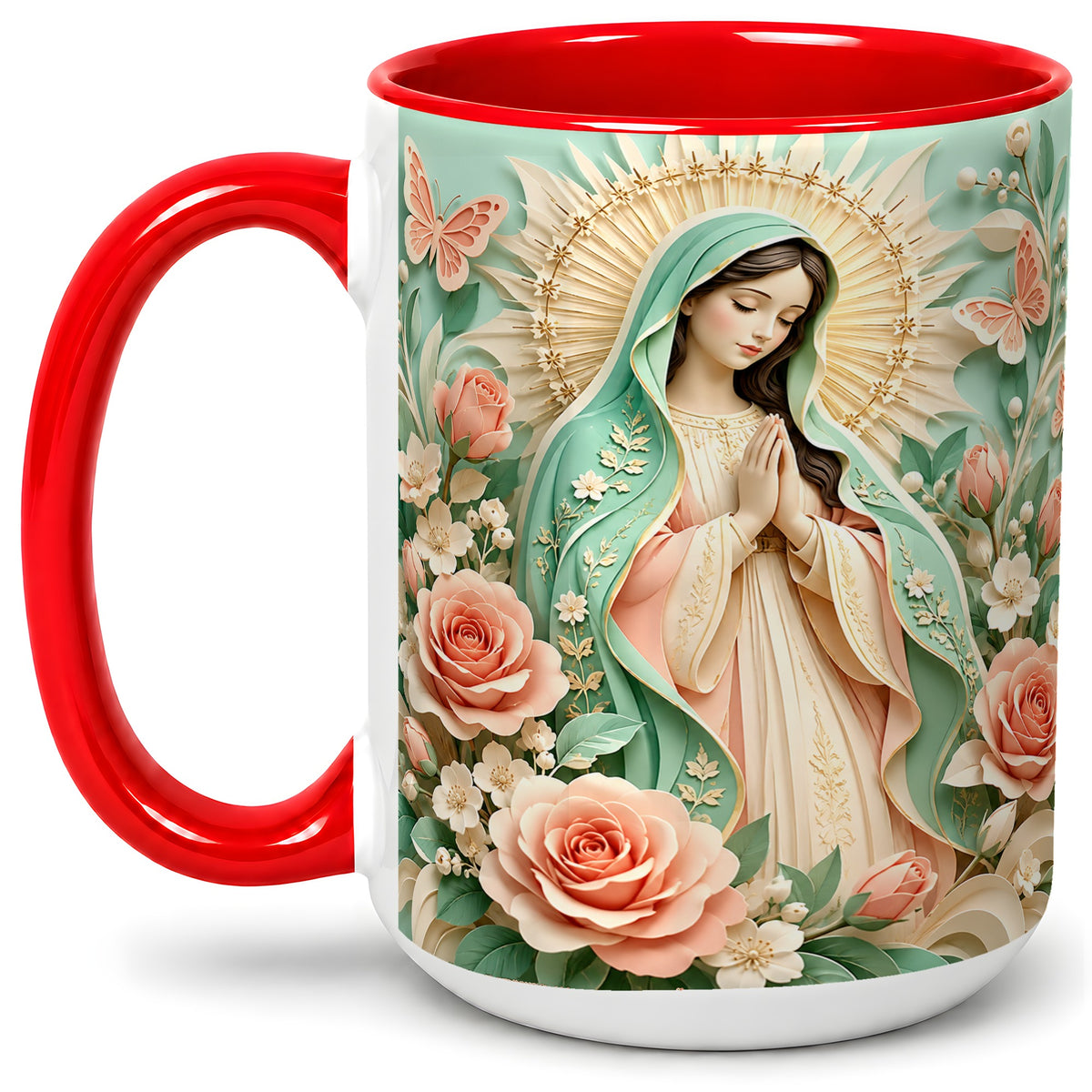 #pl[15oz|Red] Virgin Mary Floral Mug, Ceramic Mug with Roses and Butterflies