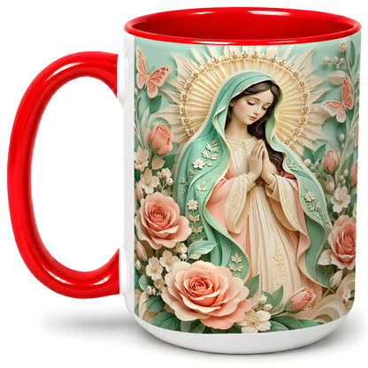 #pl[15oz|Red] Virgin Mary Floral Mug, Ceramic Mug with Roses and Butterflies