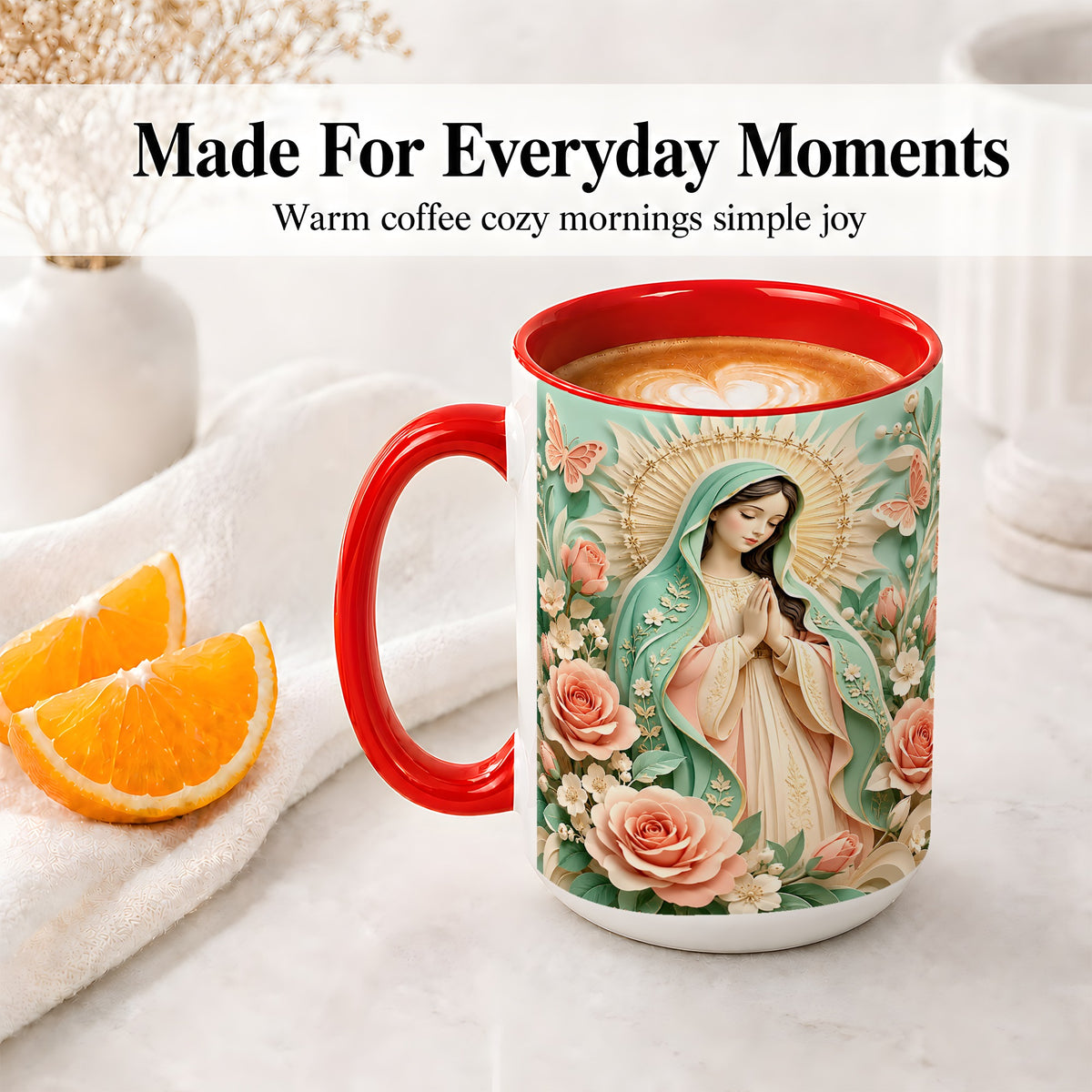 #pl[15oz|Red] Virgin Mary Floral Mug, Ceramic Mug with Roses and Butterflies