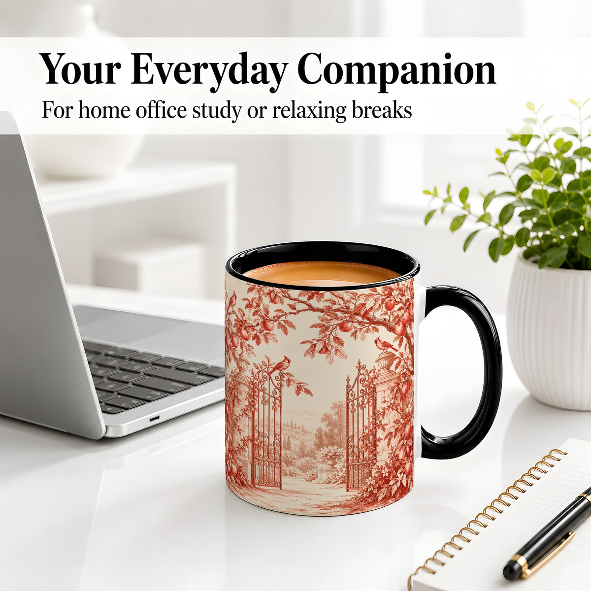 #pl[11oz|Black] Red Toile Garden Mug, Ceramic Mug with Cardinal and Apple Artwork