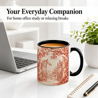 #pl[11oz|Black] Red Toile Garden Mug, Ceramic Mug with Cardinal and Apple Artwork