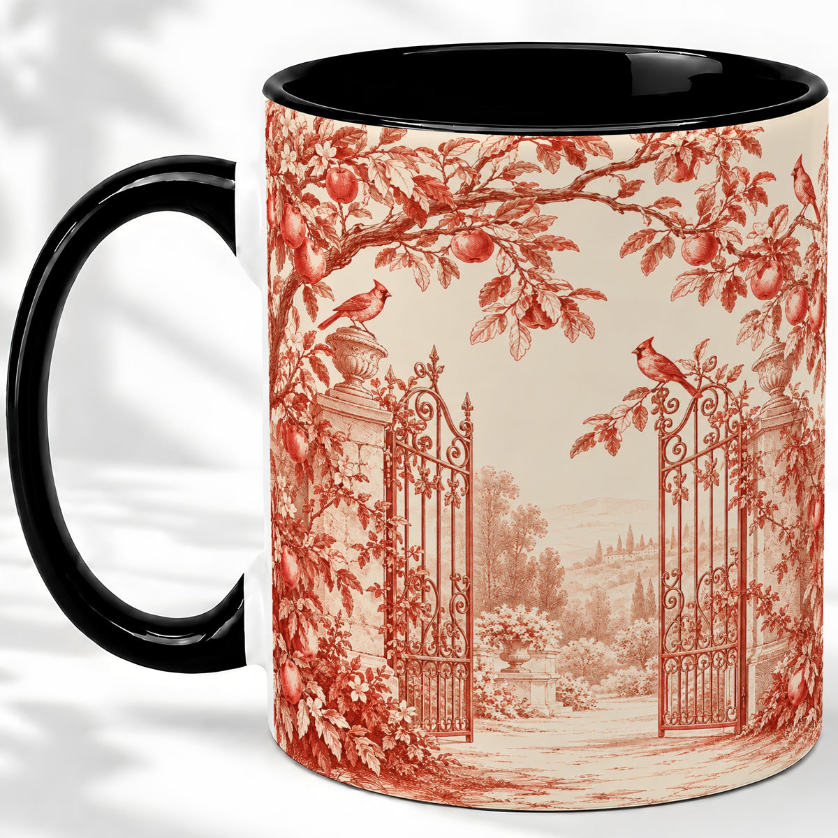 #pl[11oz|Black] Red Toile Garden Mug, Ceramic Mug with Cardinal and Apple Artwork