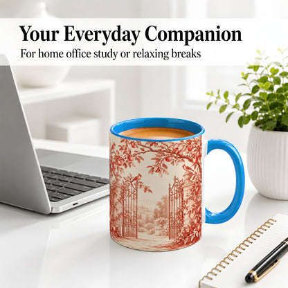 #pl[11oz|Blue] Red Toile Garden Mug, Ceramic Mug with Cardinal and Apple Artwork
