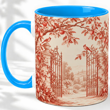 #pl[11oz|Blue] Red Toile Garden Mug, Ceramic Mug with Cardinal and Apple Artwork