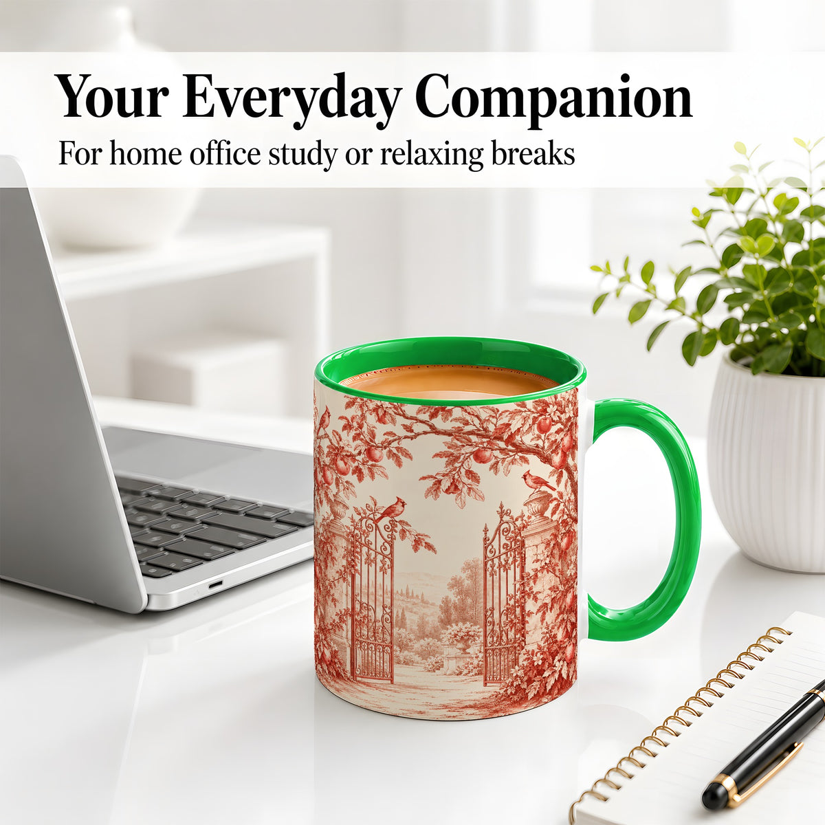 #pl[11oz|Green] Red Toile Garden Mug, Ceramic Mug with Cardinal and Apple Artwork